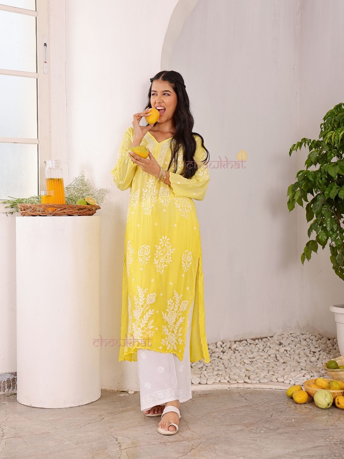 Rooh Premium Muslin Long Chikankati Scalloped Kurti - Chowkhat Lifestyle