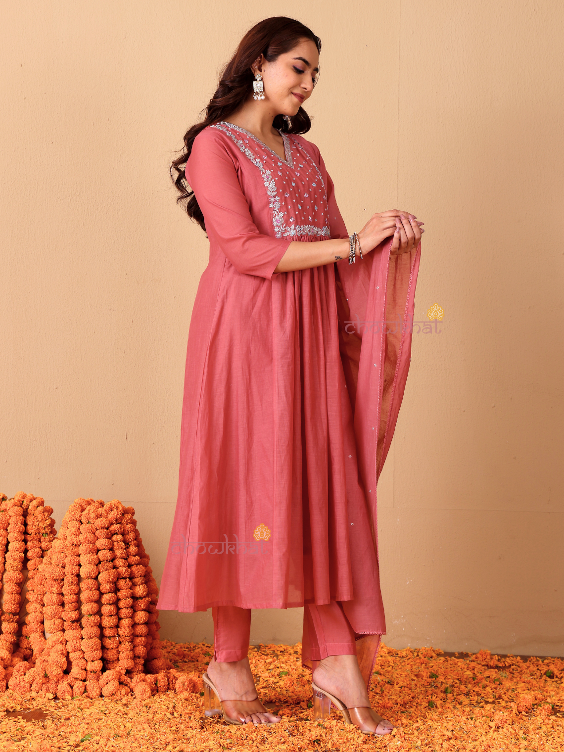 Rhea Mul Chanderi 3 Piece Nyra Style Stitched Suit Set with Adda Work