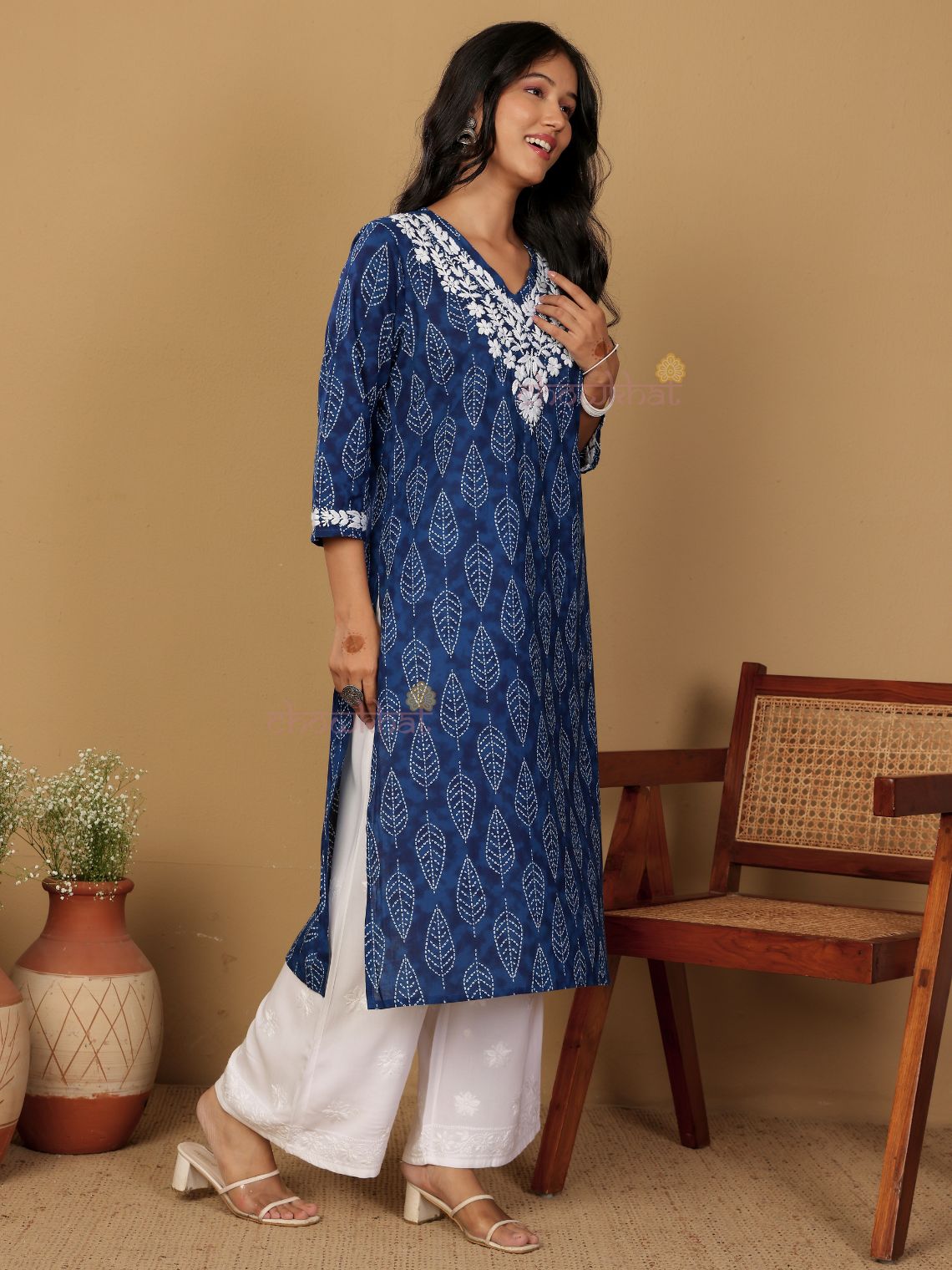 Ira Hand Printed Cotton Kurti With Hand Embroidered Chikankari - Chowkhat Lifestyle