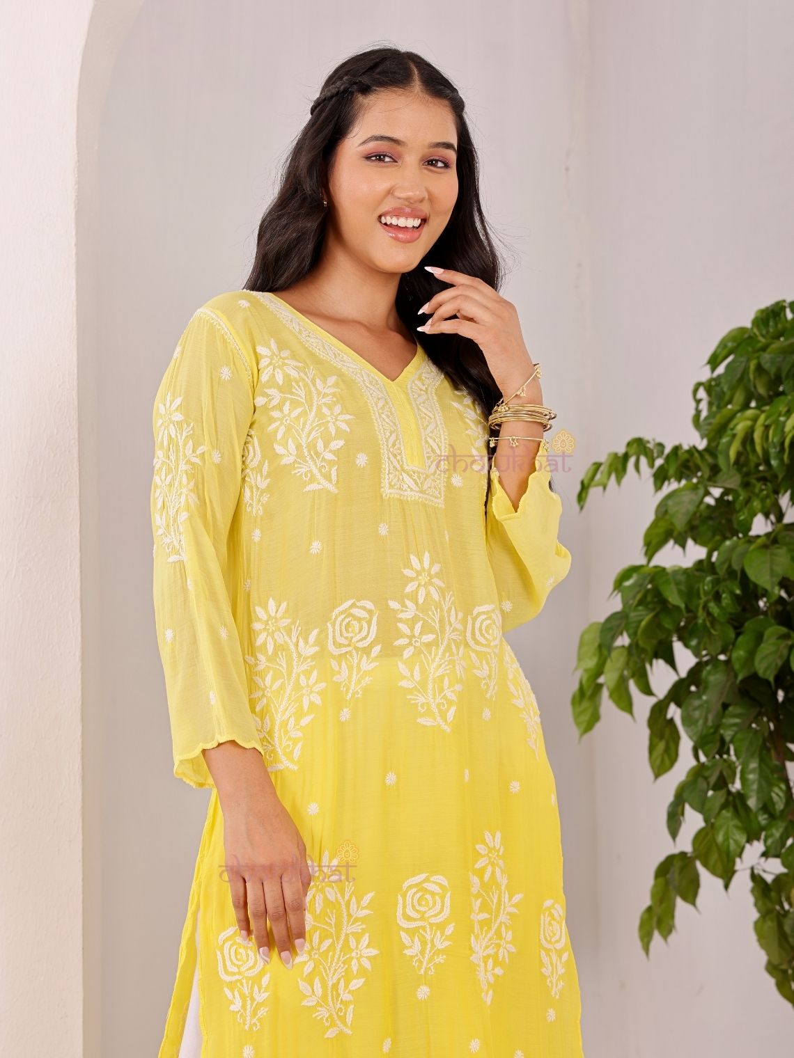 Rooh Premium Muslin Long Chikankati Scalloped Kurti - Chowkhat Lifestyle