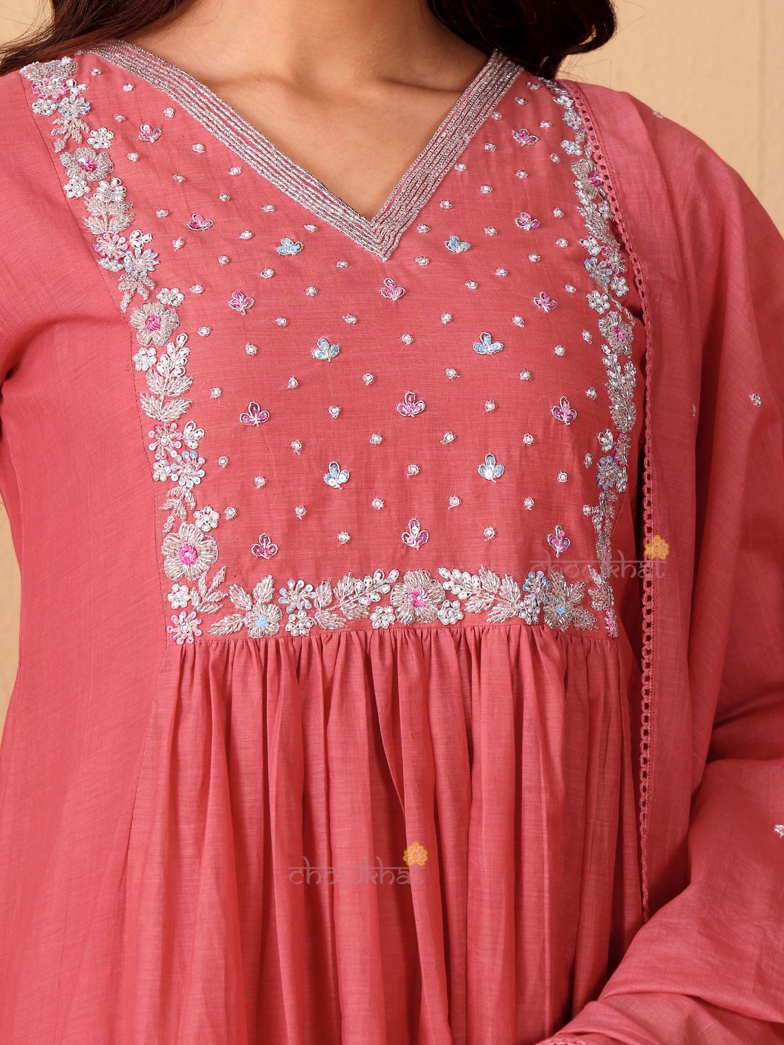 Rhea Mul Chanderi 3 Piece Nyra Style Stitched Suit Set with Adda Work