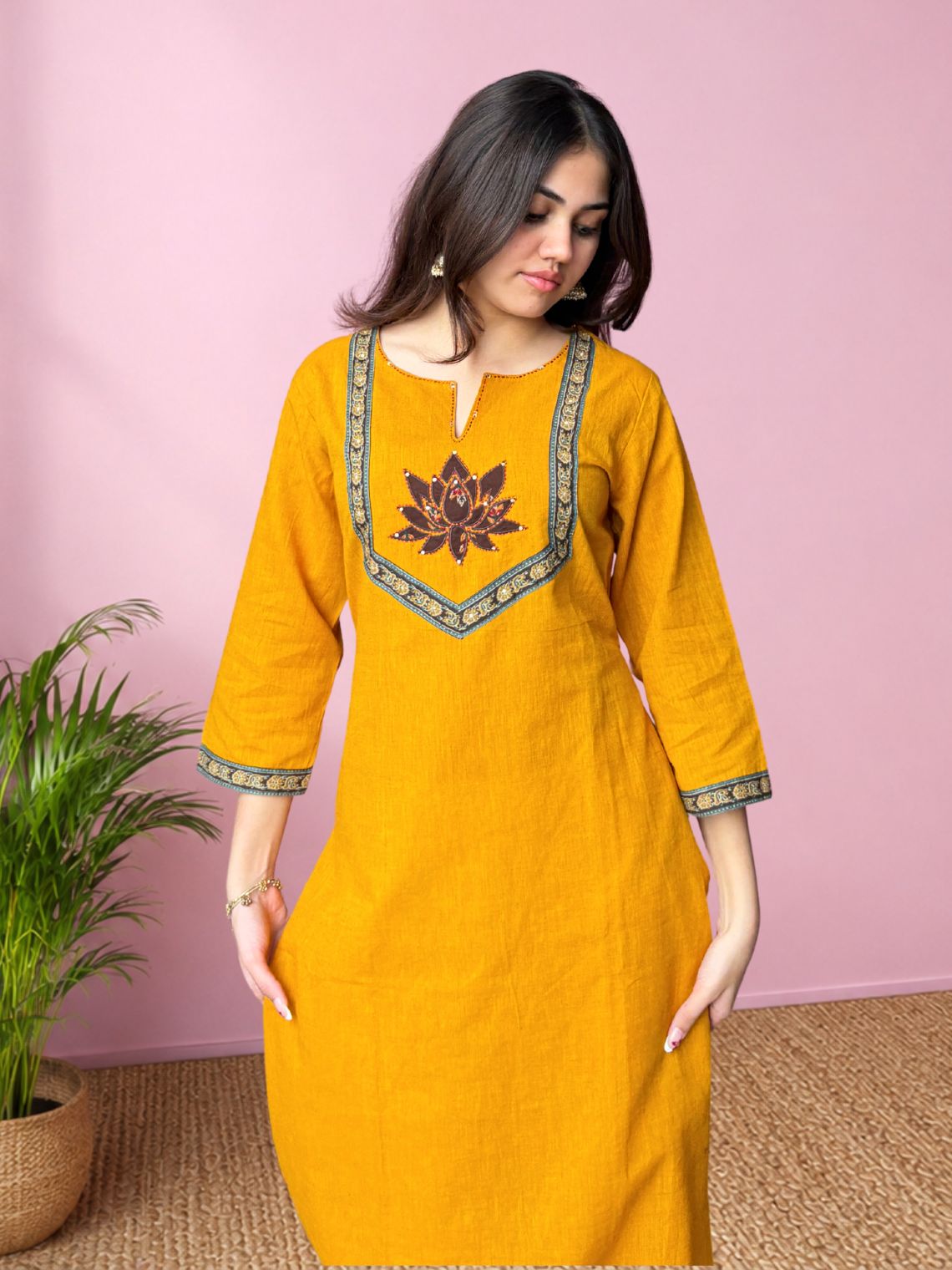 Saanjh Handloom Cotton Straight Kurti with Handwork - Chowkhat Lifestyle