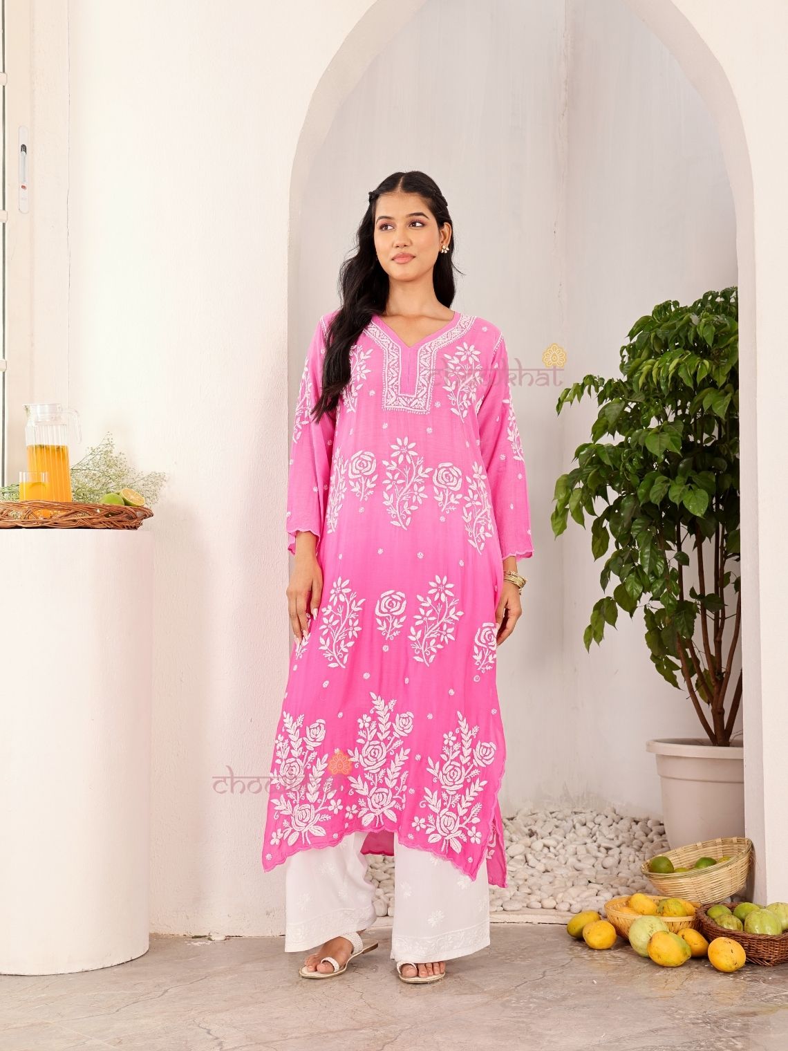 Rooh Premium Muslin Long Chikankati Scalloped Kurti - Chowkhat Lifestyle