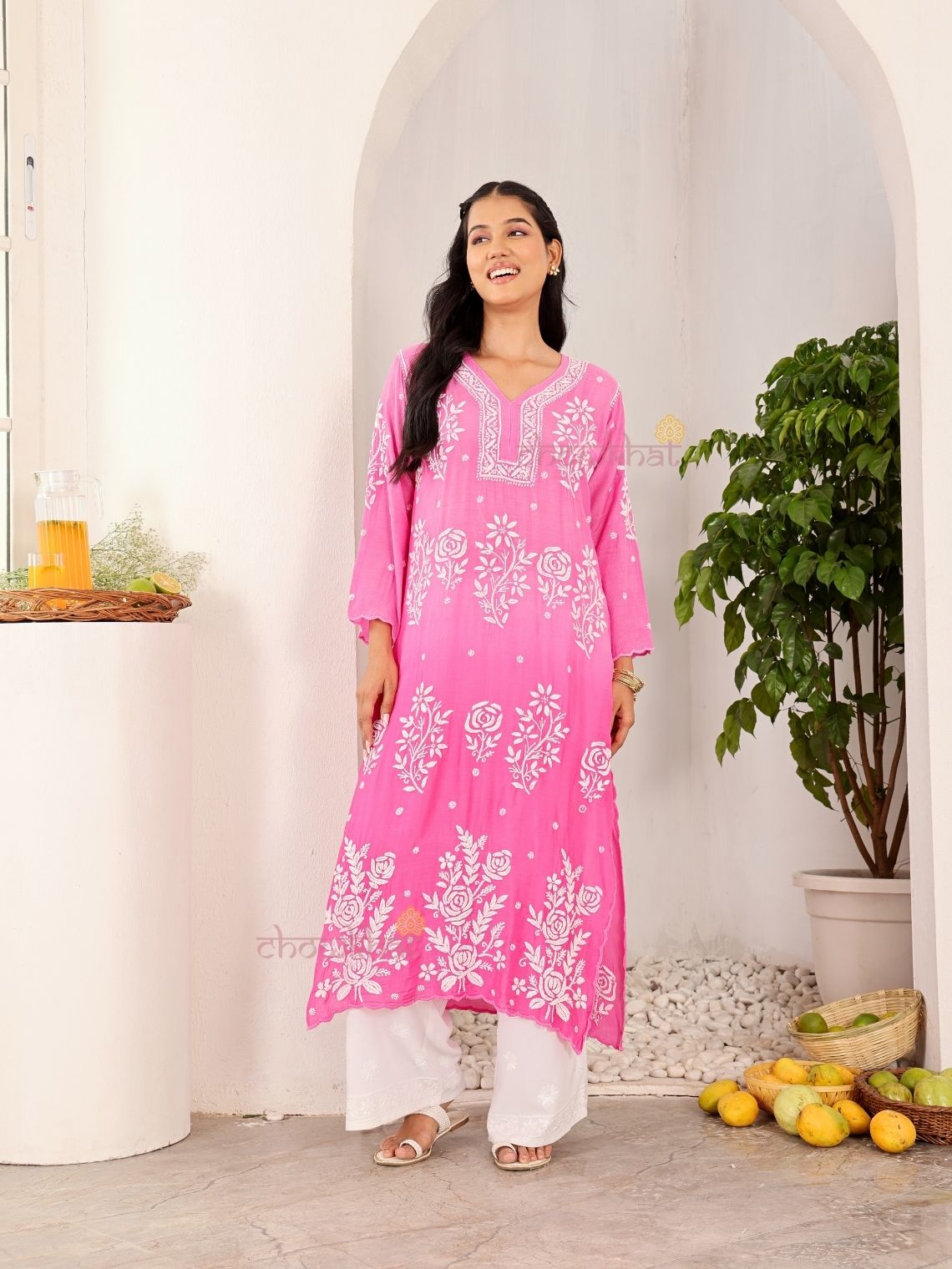 Rooh Premium Muslin Long Chikankati Scalloped Kurti - Chowkhat Lifestyle