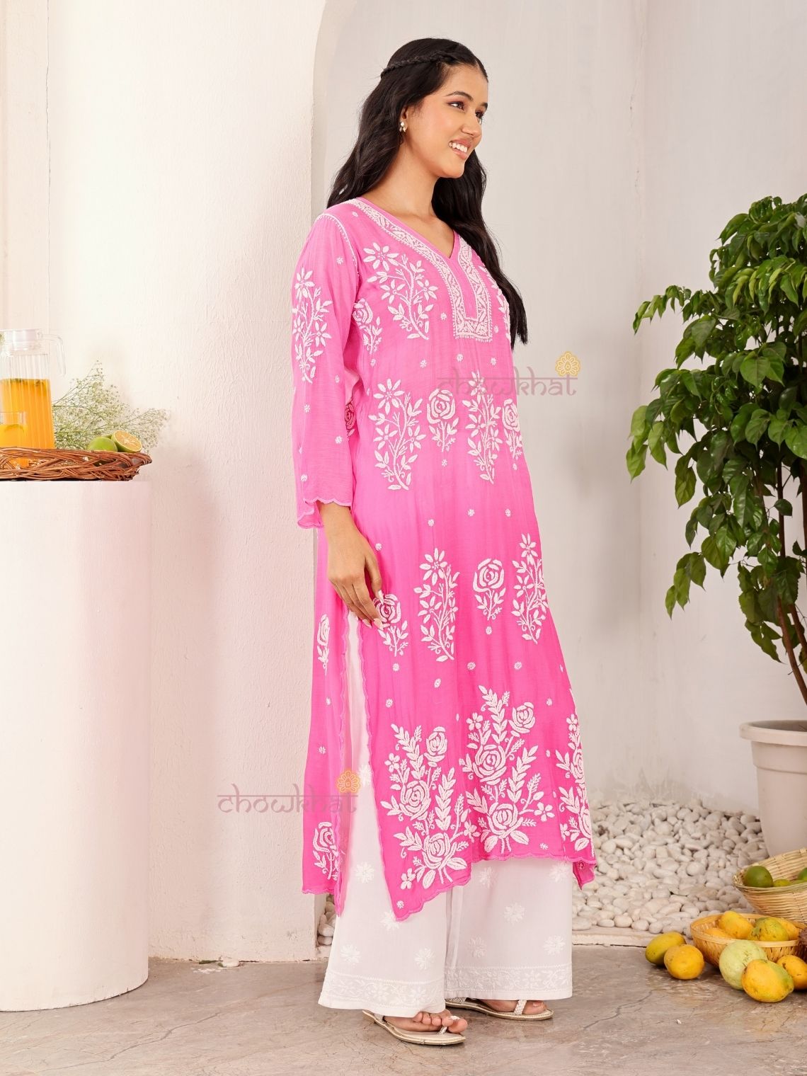 Rooh Premium Muslin Long Chikankati Scalloped Kurti - Chowkhat Lifestyle