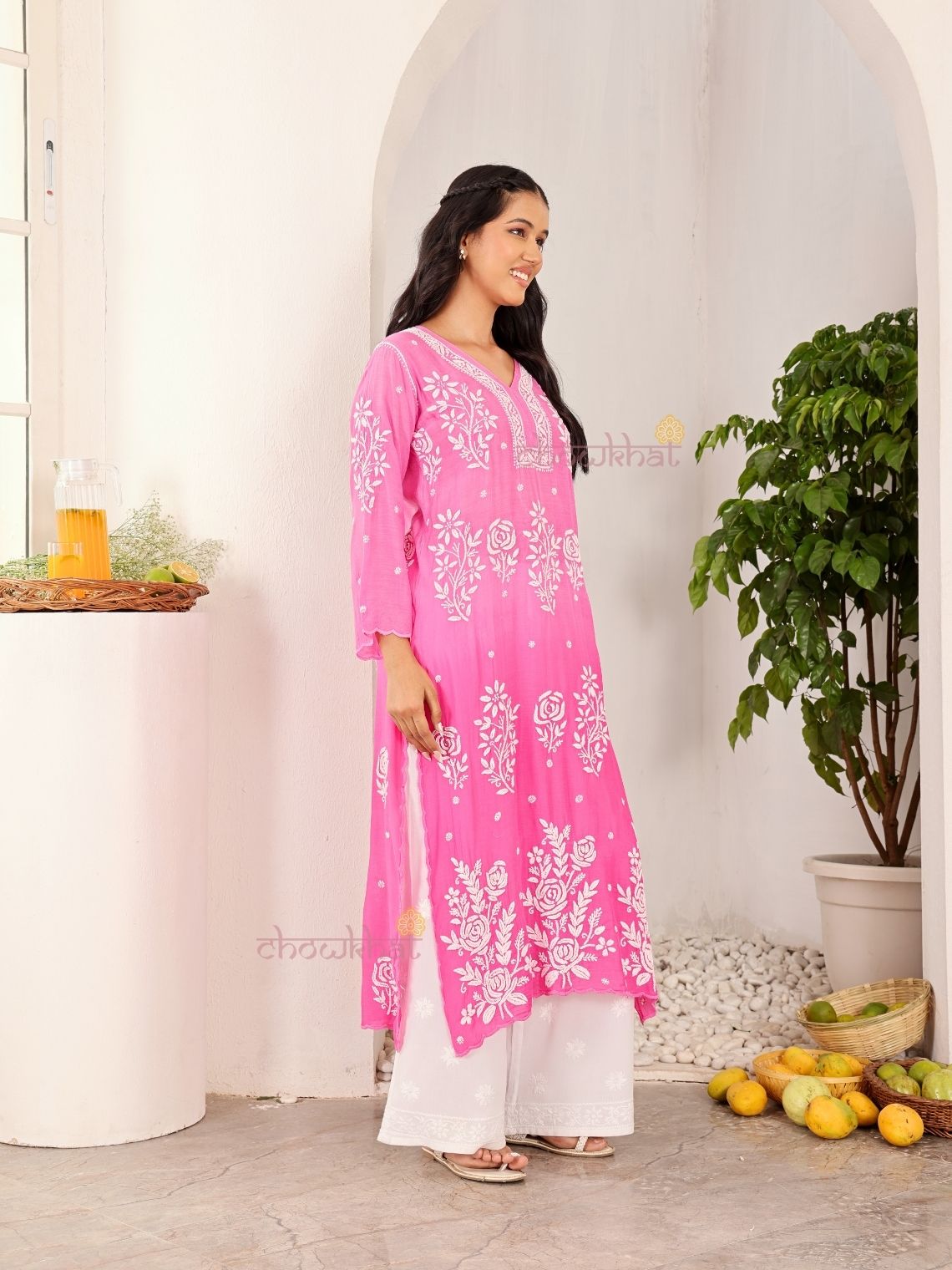Rooh Premium Muslin Long Chikankati Scalloped Kurti - Chowkhat Lifestyle