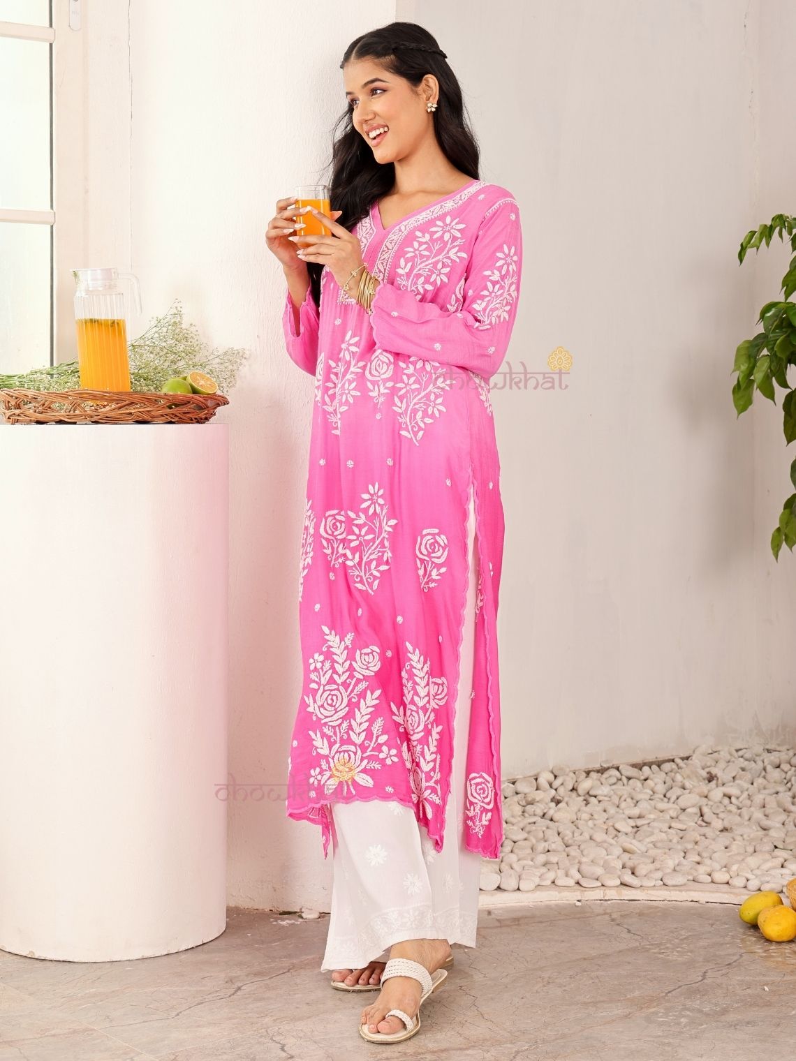 Rooh Premium Muslin Long Chikankati Scalloped Kurti - Chowkhat Lifestyle