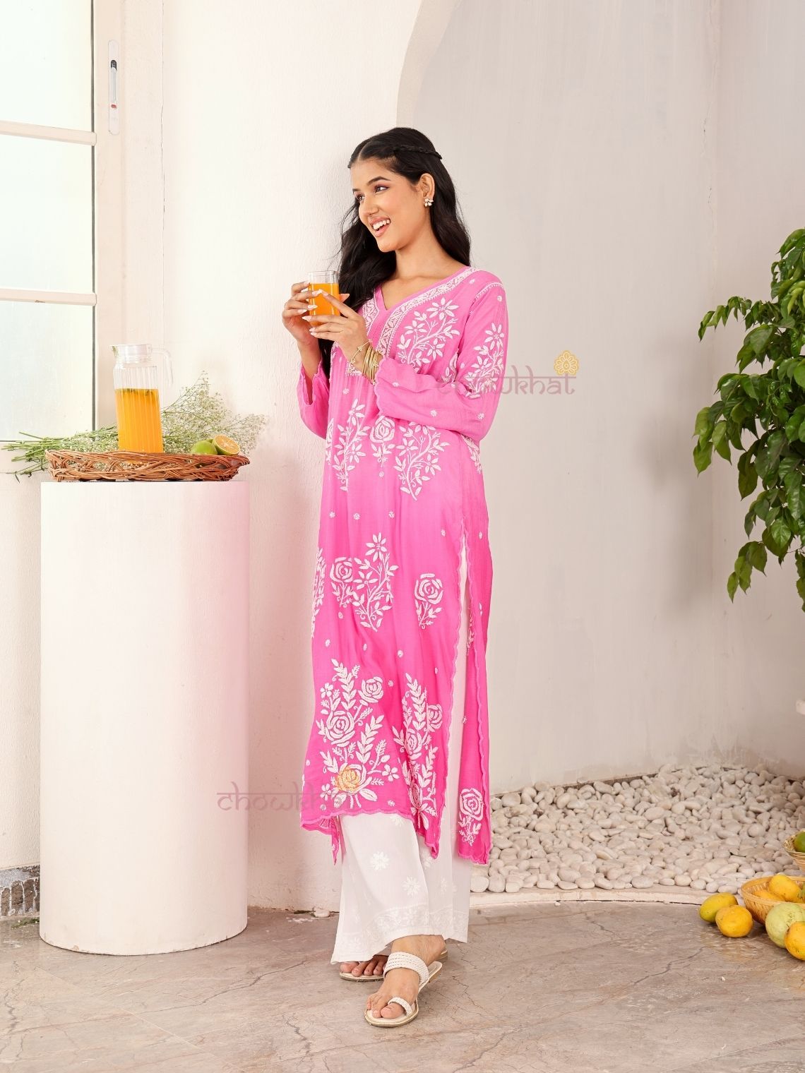 Rooh Premium Muslin Long Chikankati Scalloped Kurti - Chowkhat Lifestyle