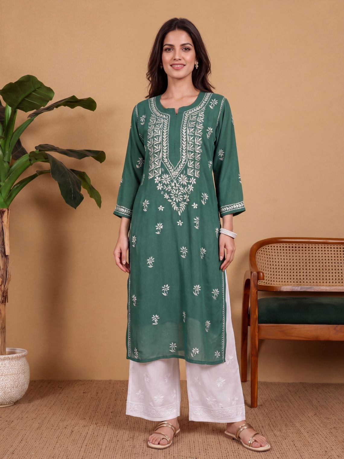 Ahana Modal Straight Long Chikankari Kurti - Chowkhat Lifestyle