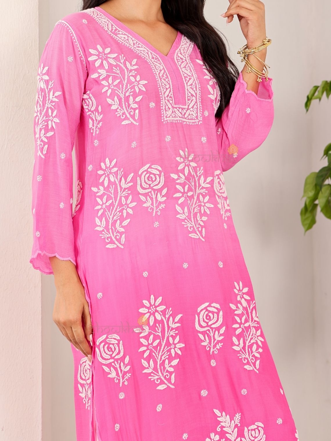 Rooh Premium Muslin Long Chikankati Scalloped Kurti - Chowkhat Lifestyle