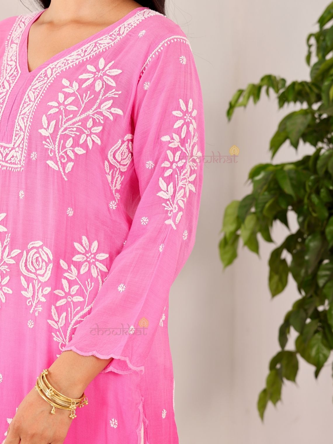 Rooh Premium Muslin Long Chikankati Scalloped Kurti - Chowkhat Lifestyle