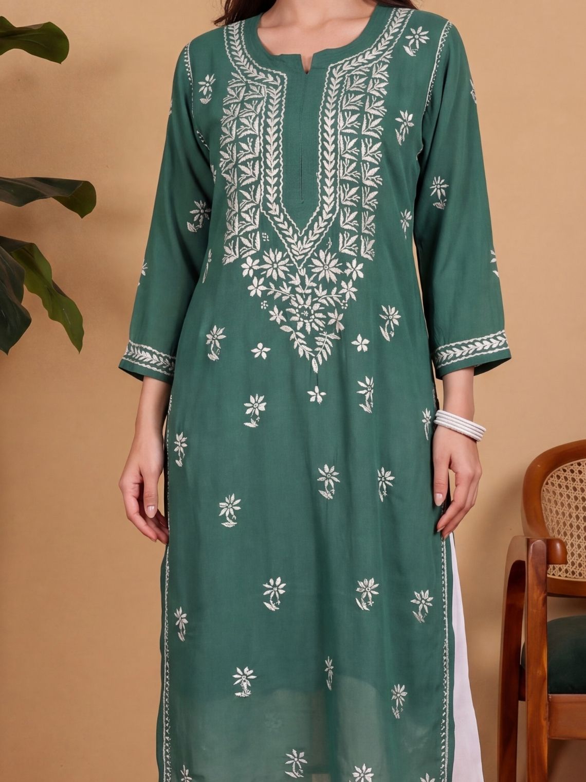 Ahana Modal Straight Long Chikankari Kurti - Chowkhat Lifestyle