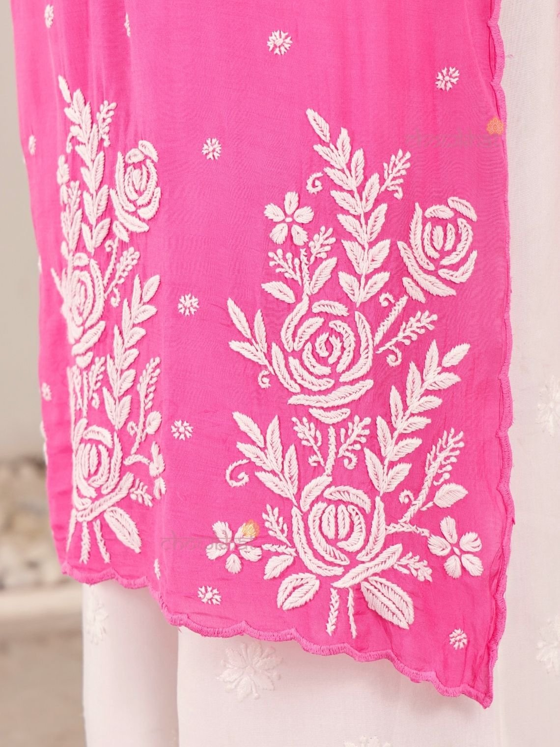 Rooh Premium Muslin Long Chikankati Scalloped Kurti - Chowkhat Lifestyle