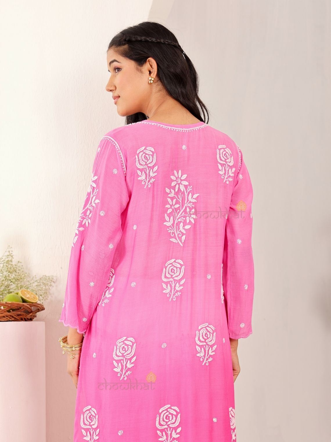 Rooh Premium Muslin Long Chikankati Scalloped Kurti - Chowkhat Lifestyle