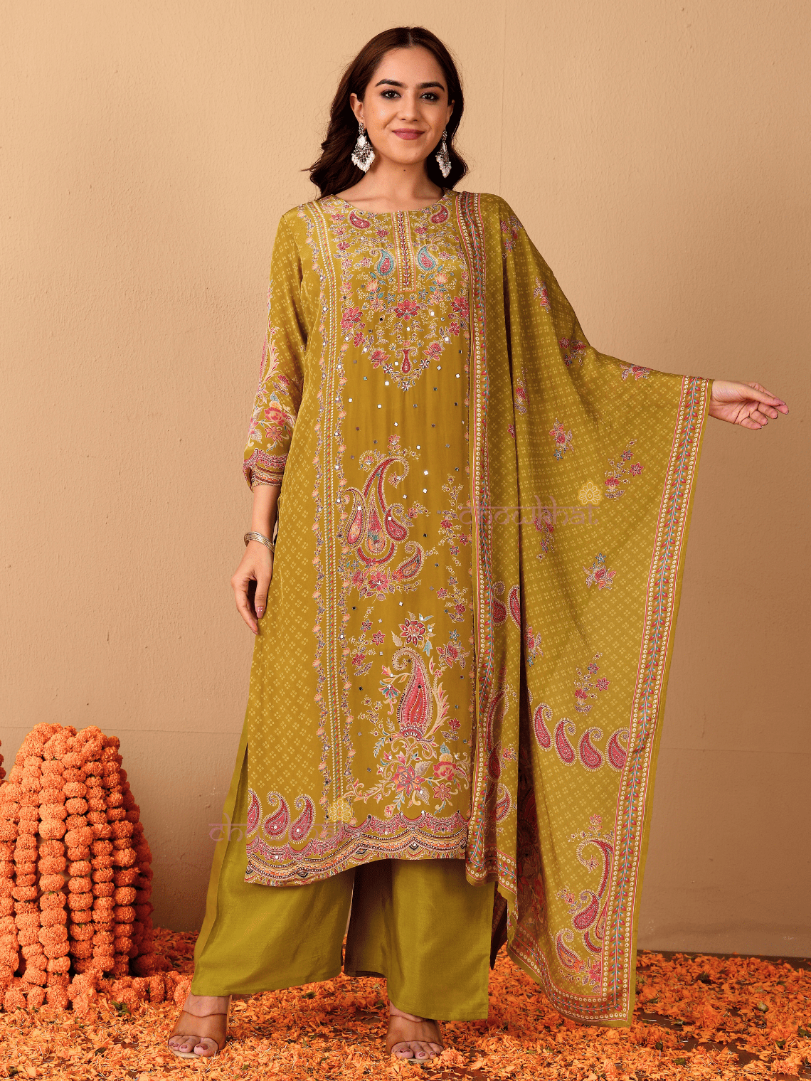 Chaand Printed 3 Piece Stitched Suit Set with Mirror work - Chowkhat Lifestyle