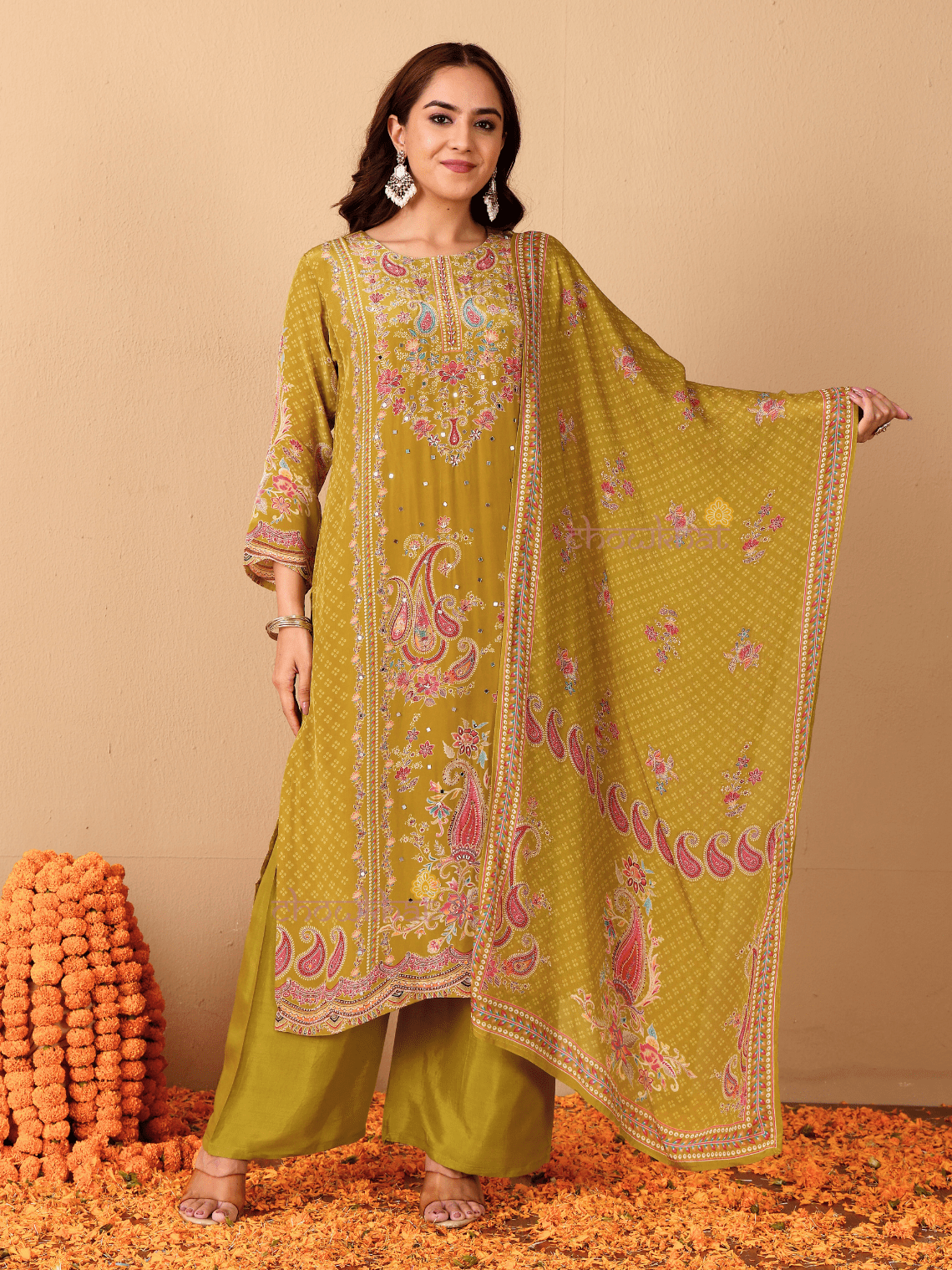 Chaand Printed 3 Piece Stitched Suit Set with Mirror work - Chowkhat Lifestyle