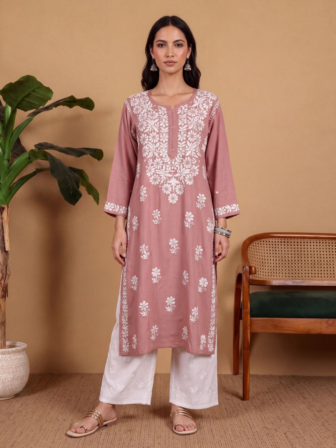 Ditya Rayon Straight Long Chikankari Kurti - Chowkhat Lifestyle