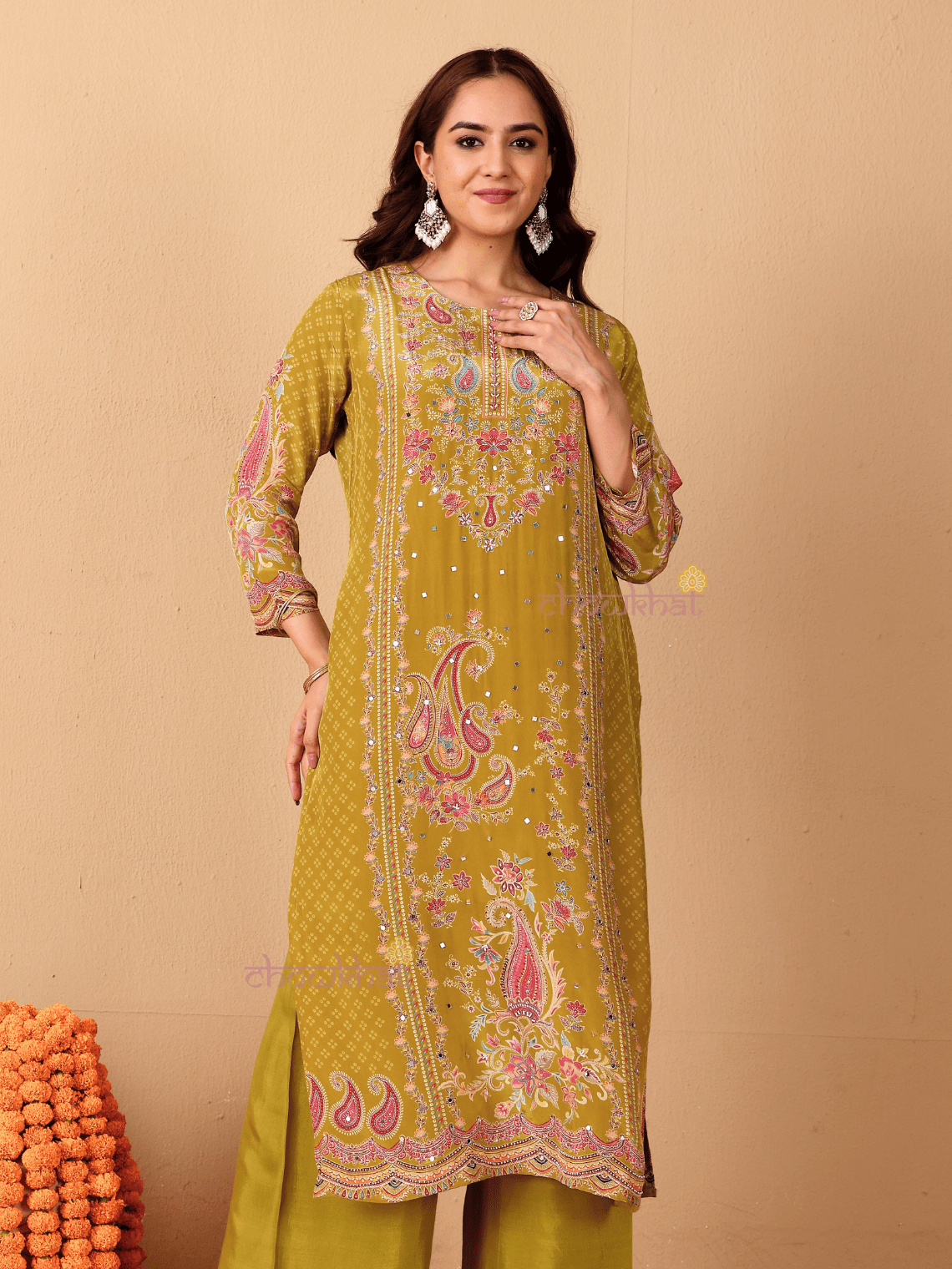 Chaand Printed 3 Piece Stitched Suit Set with Mirror work - Chowkhat Lifestyle
