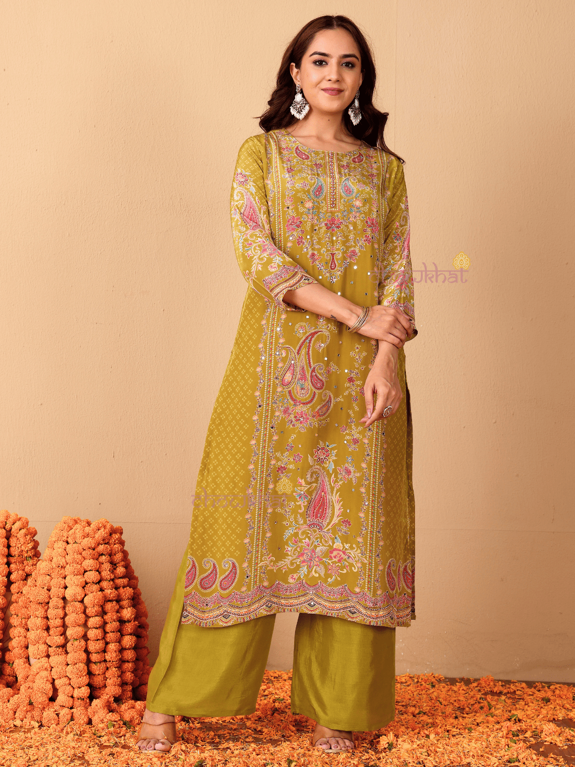 Chaand Printed 3 Piece Stitched Suit Set with Mirror work - Chowkhat Lifestyle