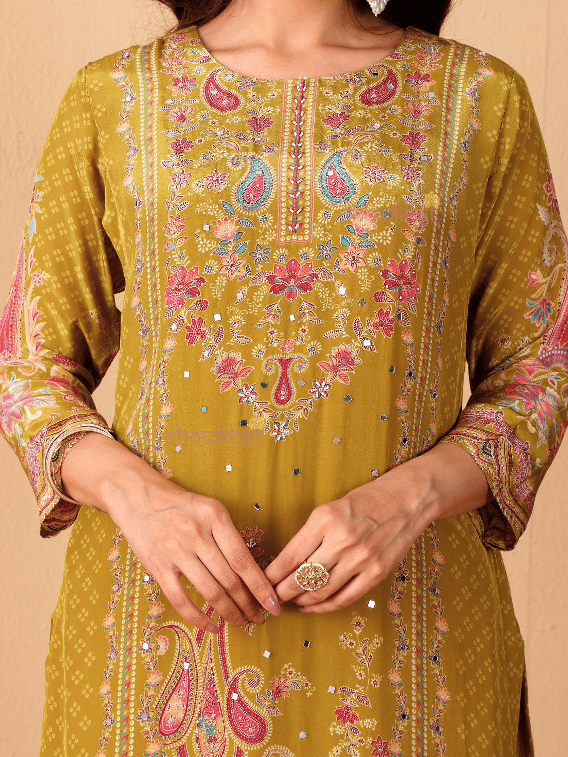 Chaand Printed 3 Piece Stitched Suit Set with Mirror work - Chowkhat Lifestyle