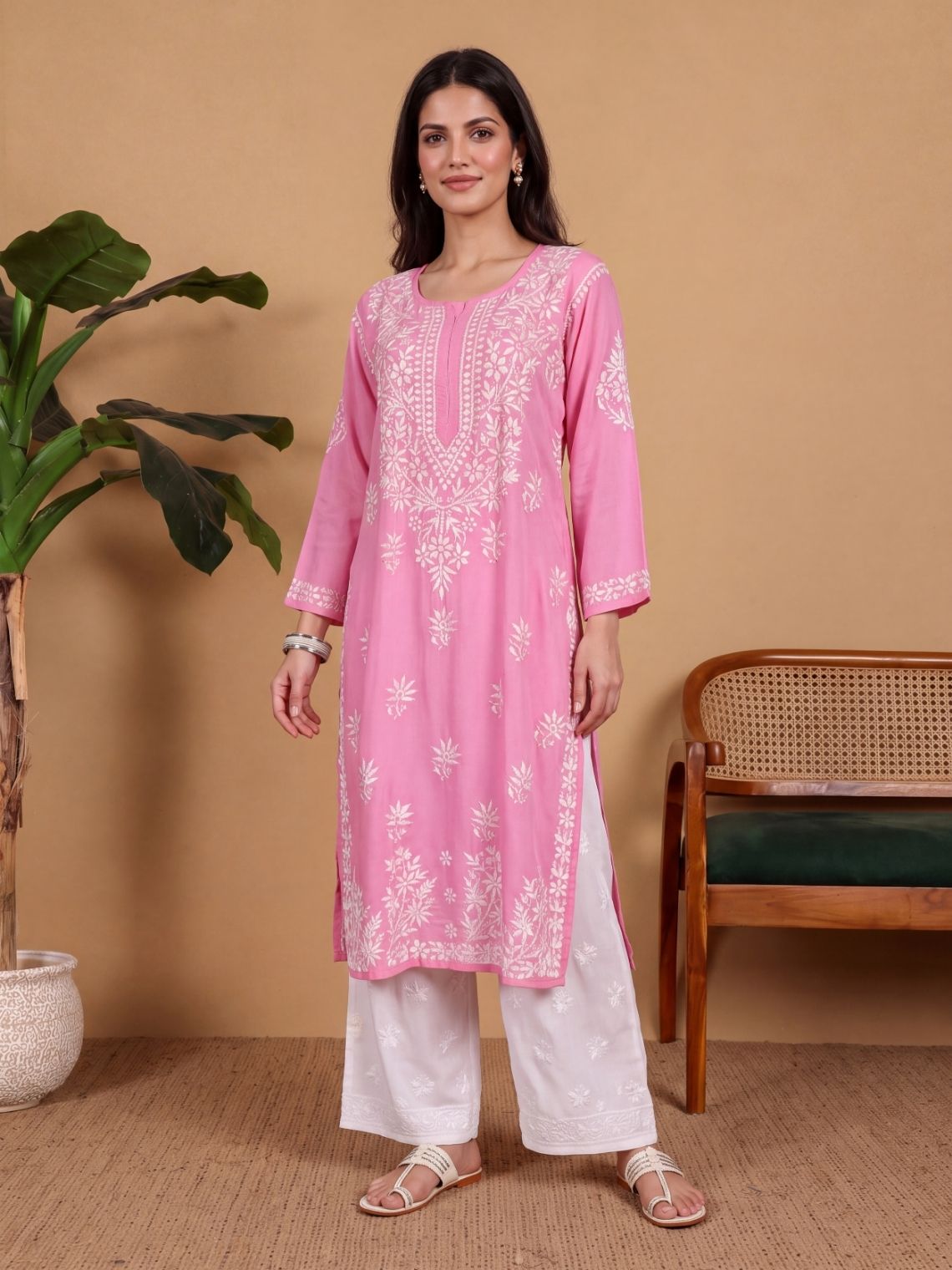 Rushika Modal Straight Long Chikankari Kurti - Chowkhat Lifestyle