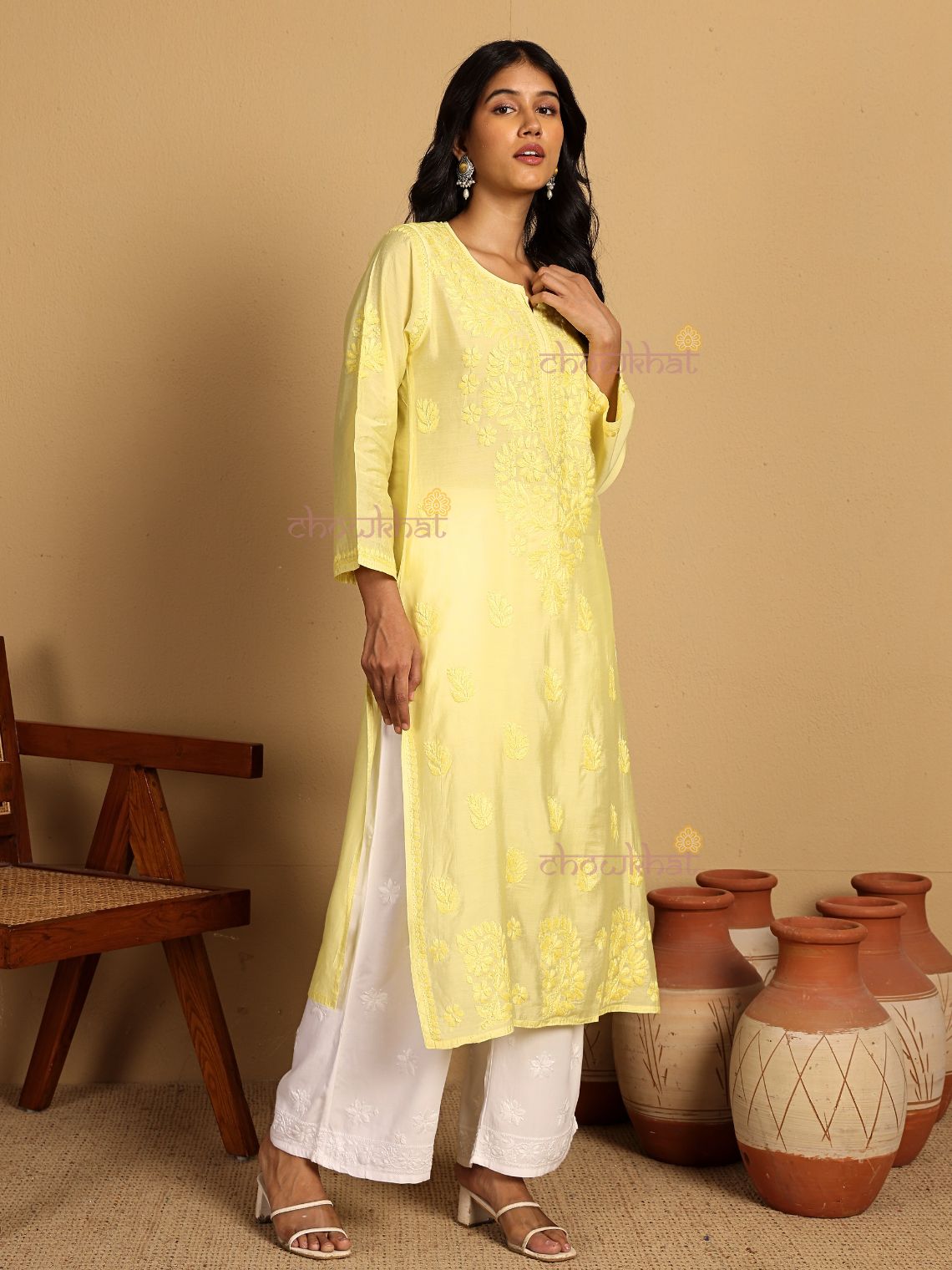 Haniya Premium Straight Chanderi Chikankari Kurti