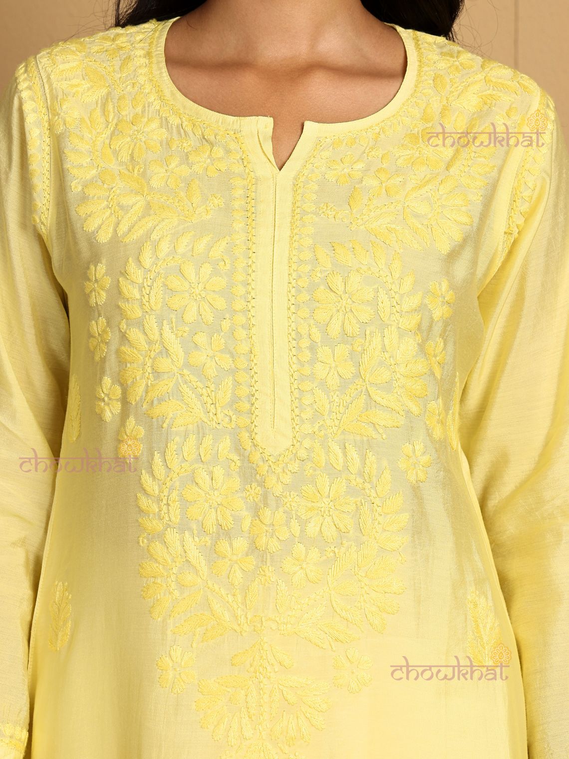 Haniya Premium Straight Chanderi Chikankari Kurti - Chowkhat Lifestyle