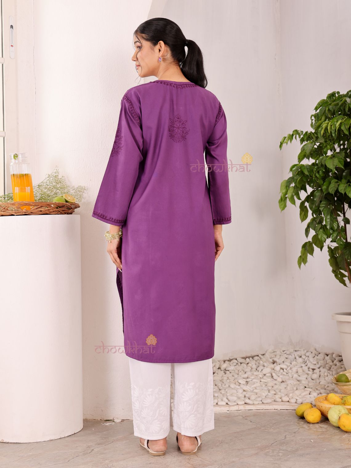 Chaand Cotton Satin Straight Long Chikankari Kurti with pocket - Chowkhat Lifestyle