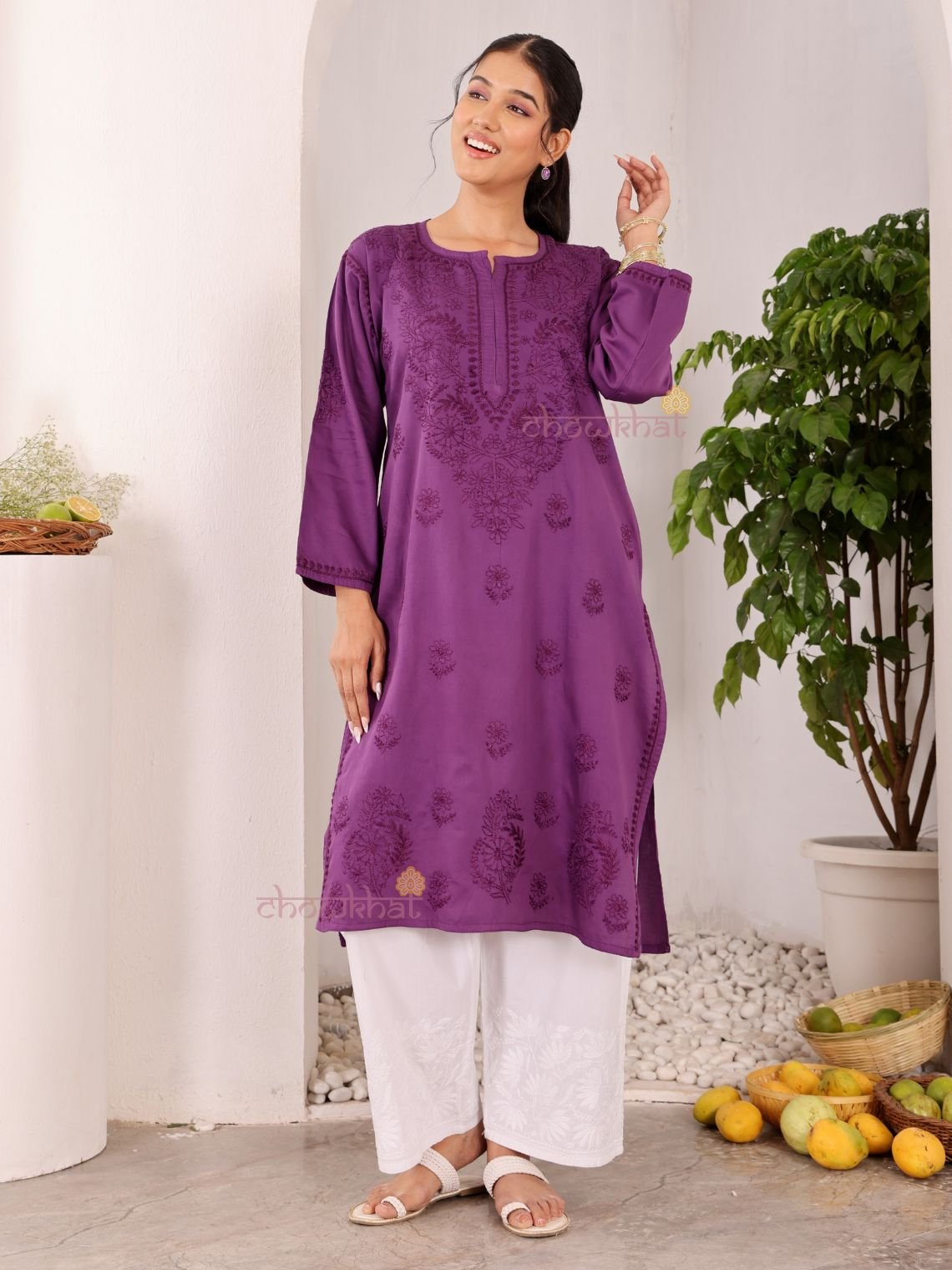 Chaand Cotton Satin Straight Long Chikankari Kurti with pocket - Chowkhat Lifestyle