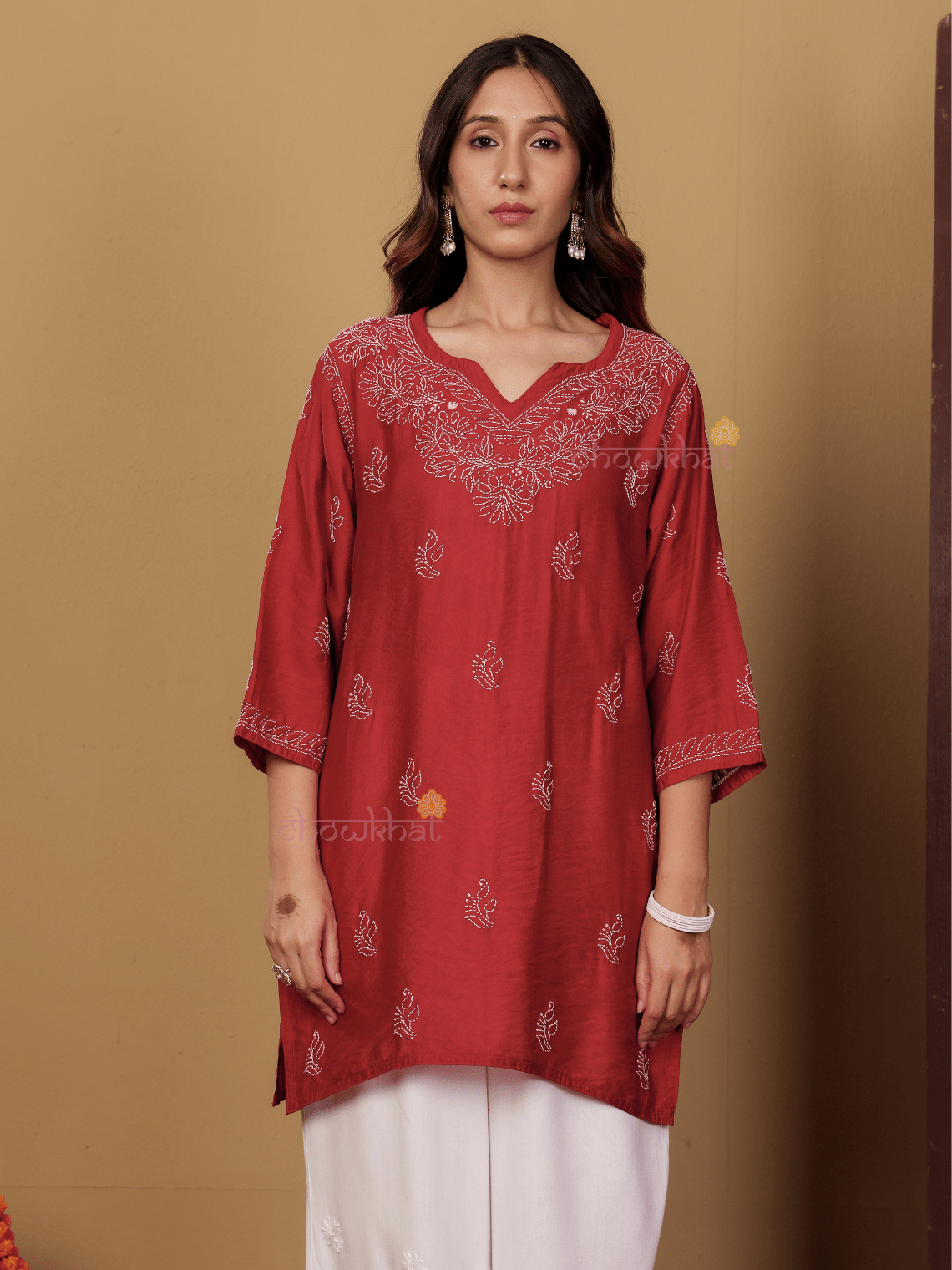 Azha Chanderi Straight Short Chikankari Kurti - Chowkhat Lifestyle