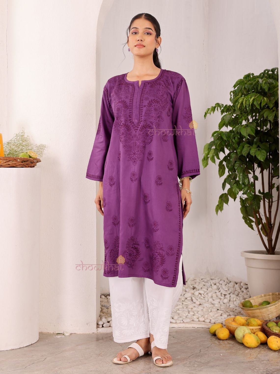 Chaand Cotton Satin Straight Long Chikankari Kurti with pocket - Chowkhat Lifestyle