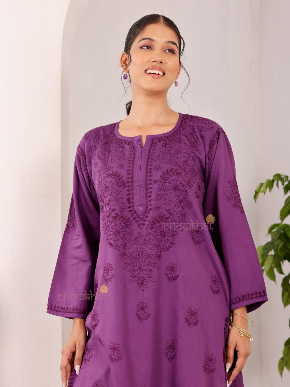Chaand Cotton Satin Straight Long Chikankari Kurti with pocket - Chowkhat Lifestyle