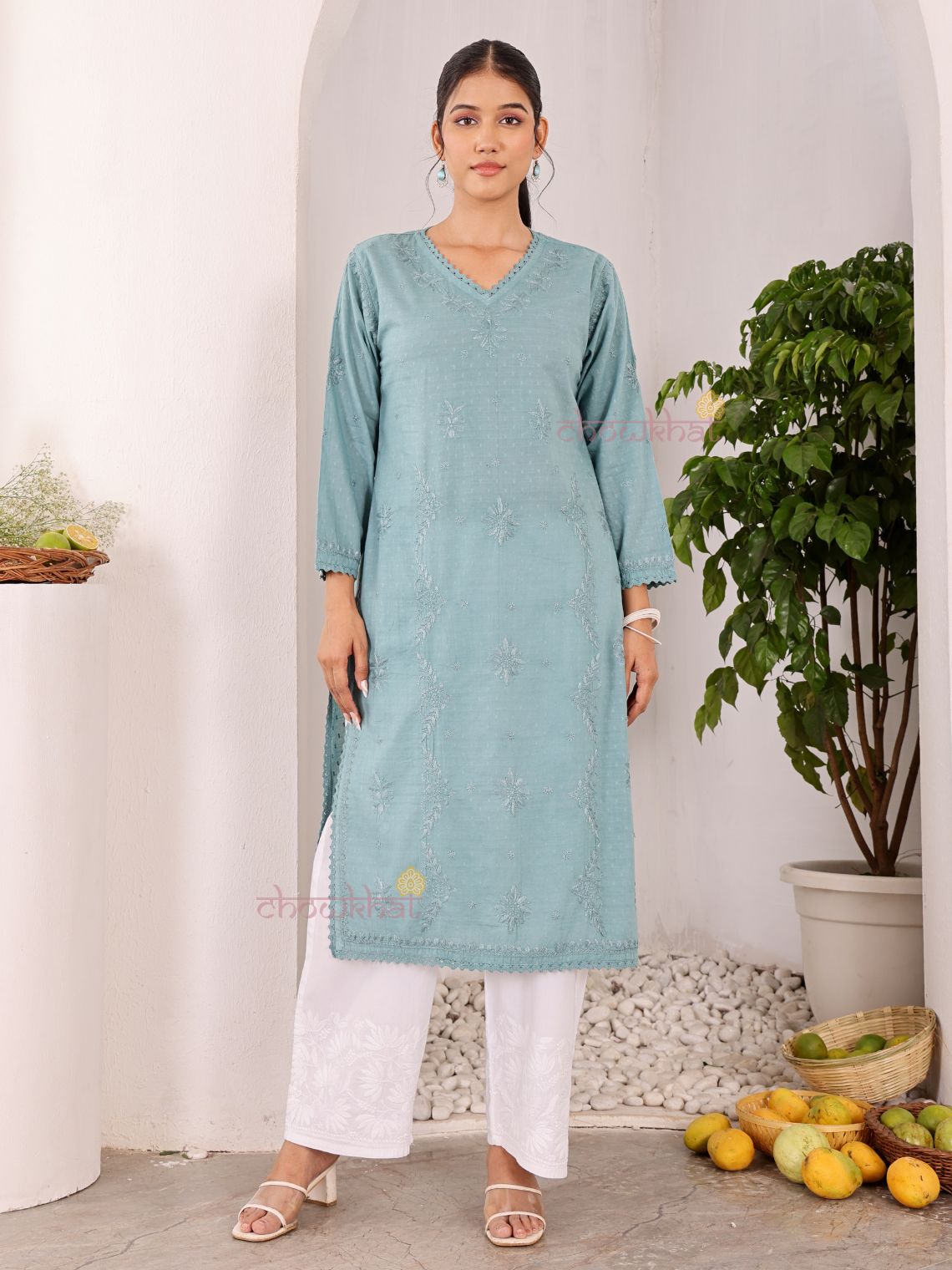 Tara Cotton Dobby Straight Long Chikankari Kurti with pocket - Chowkhat Lifestyle