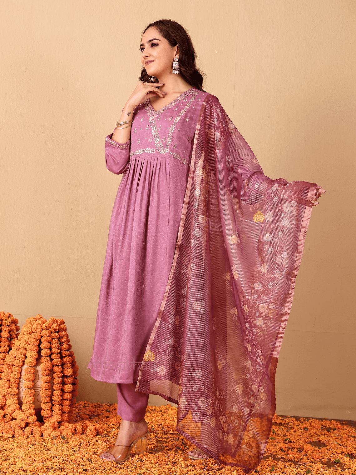 Riya Muslin Shimmer 3 Piece Stitched Suit Set with Adda Work - Chowkhat Lifestyle