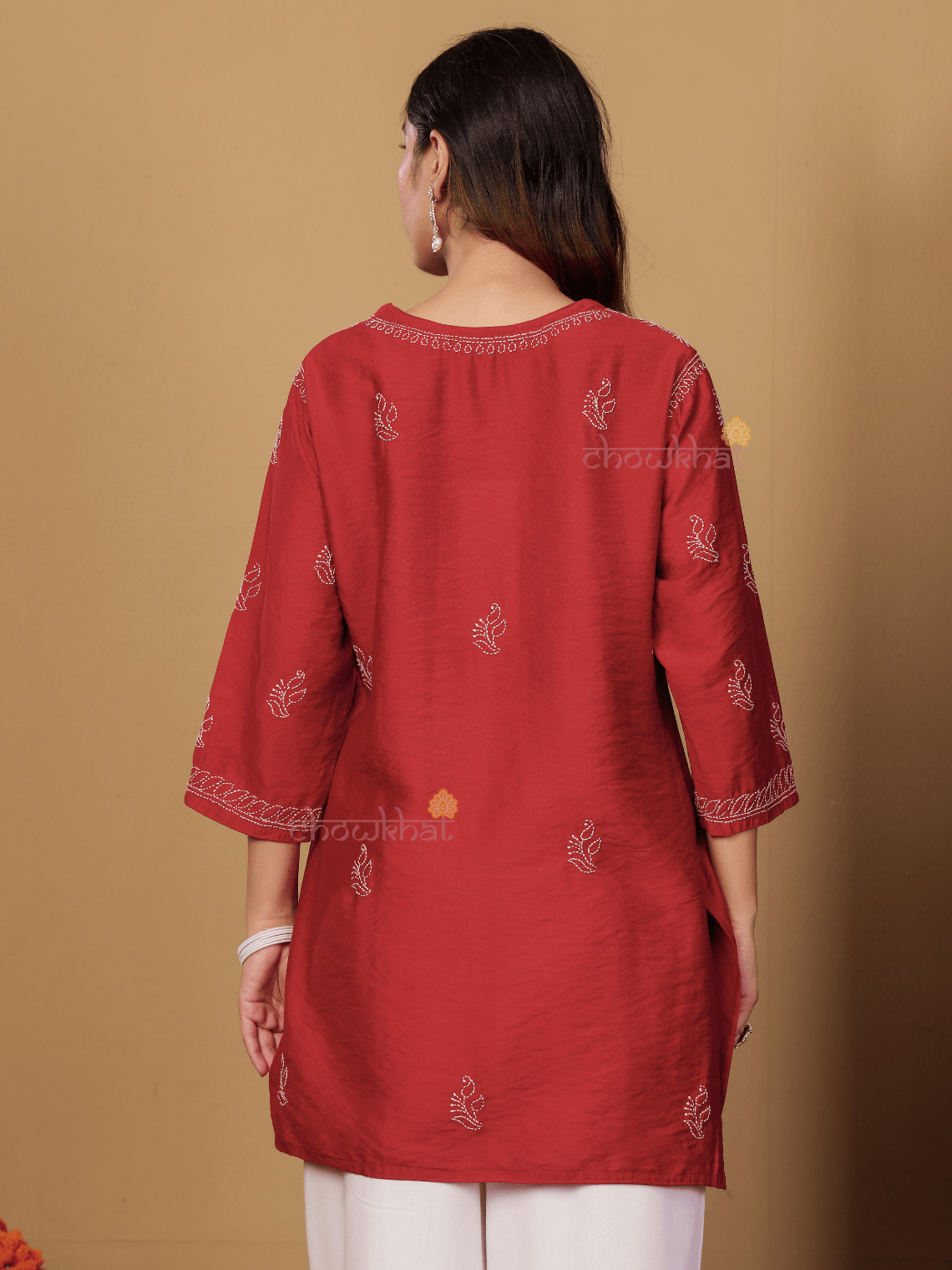 Azha Chanderi Straight Short Chikankari Kurti - Chowkhat Lifestyle