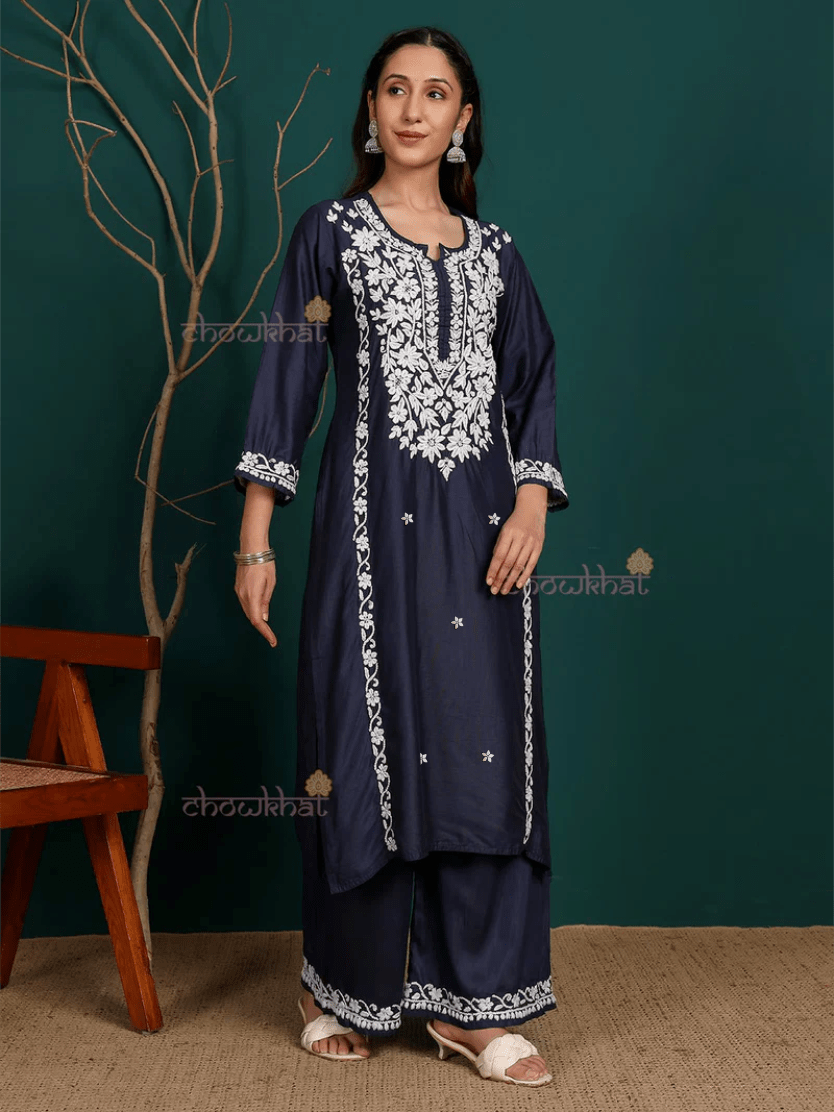 Saad Premium Chanderi Chikankari Kurti & Palazzo Set - Chowkhat Lifestyle