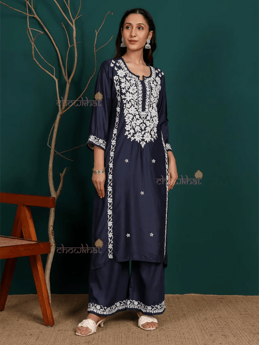 Saad Premium Chanderi Chikankari Kurti & Palazzo Set - Chowkhat Lifestyle