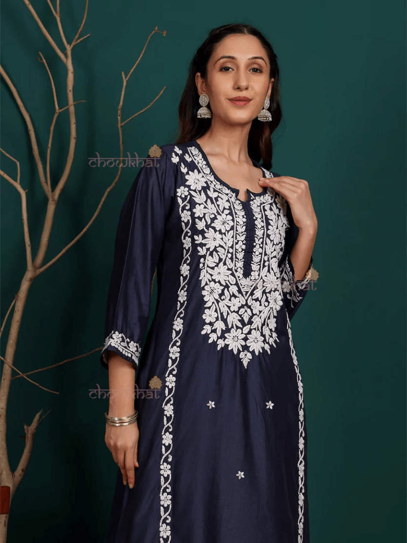 Saad Premium Chanderi Chikankari Kurti & Palazzo Set - Chowkhat Lifestyle