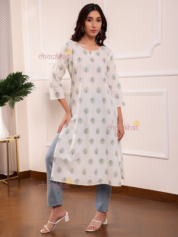 Zarah Hand Printed Cotton Kurti With Hand Embroidery - Chowkhat Lifestyle