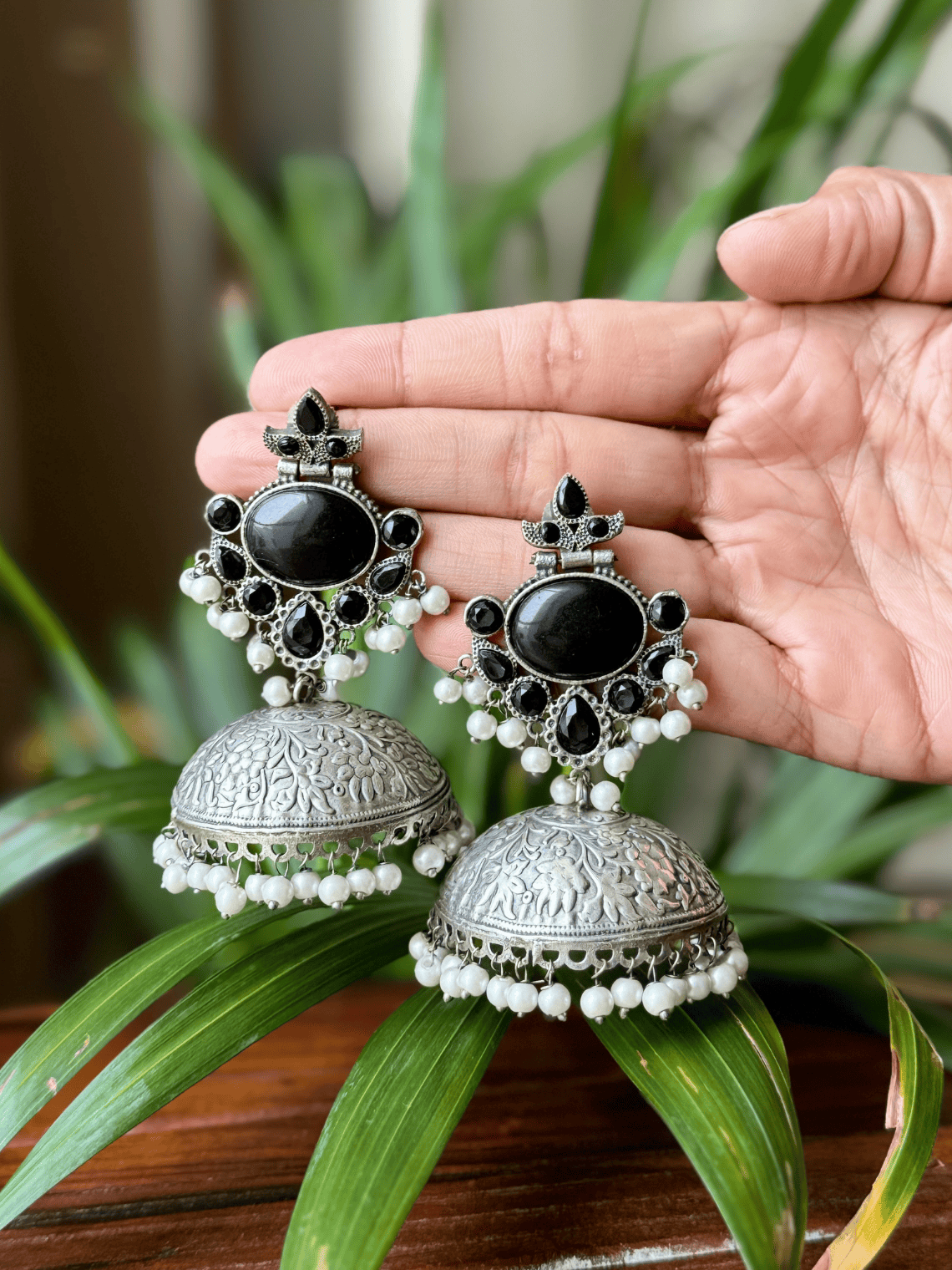 Embellished Pearl German Silver Handcrafted Jhumki Earrings - Chowkhat Lifestyle