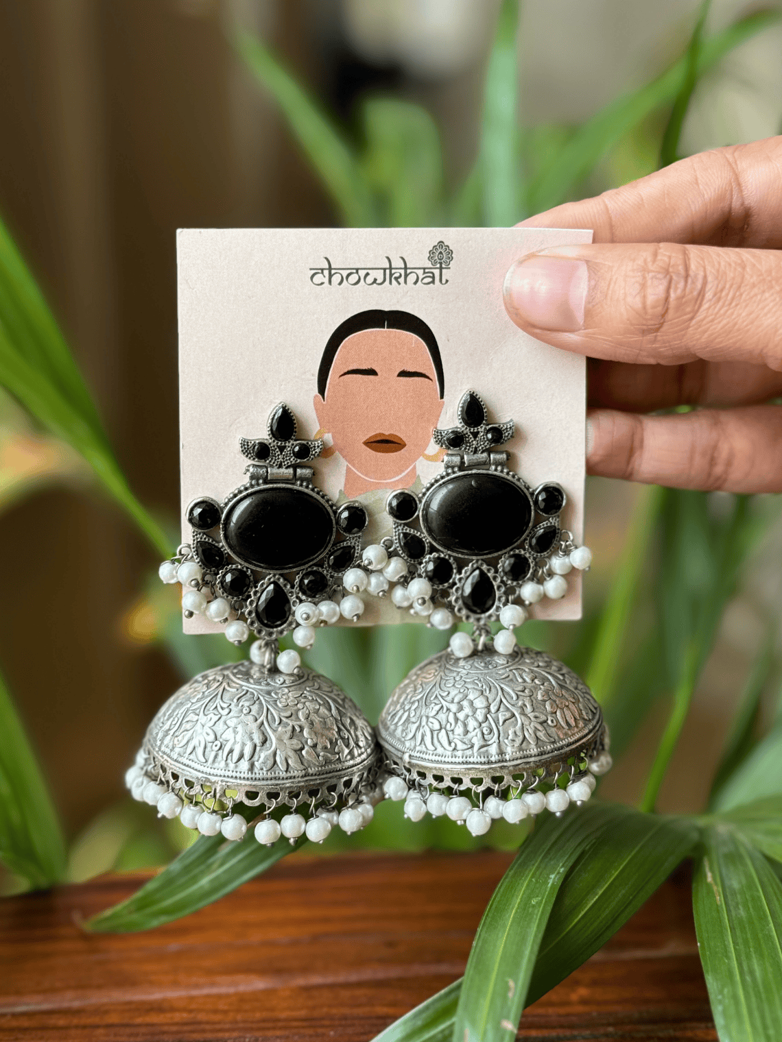 Embellished Pearl German Silver Handcrafted Jhumki Earrings - Chowkhat Lifestyle