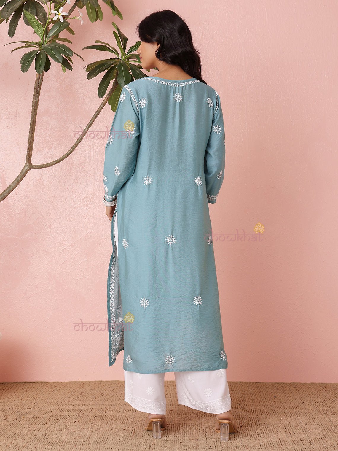 Laya Straight Chanderi Chikankari Kurti with Mukaish Work - Chowkhat Lifestyle