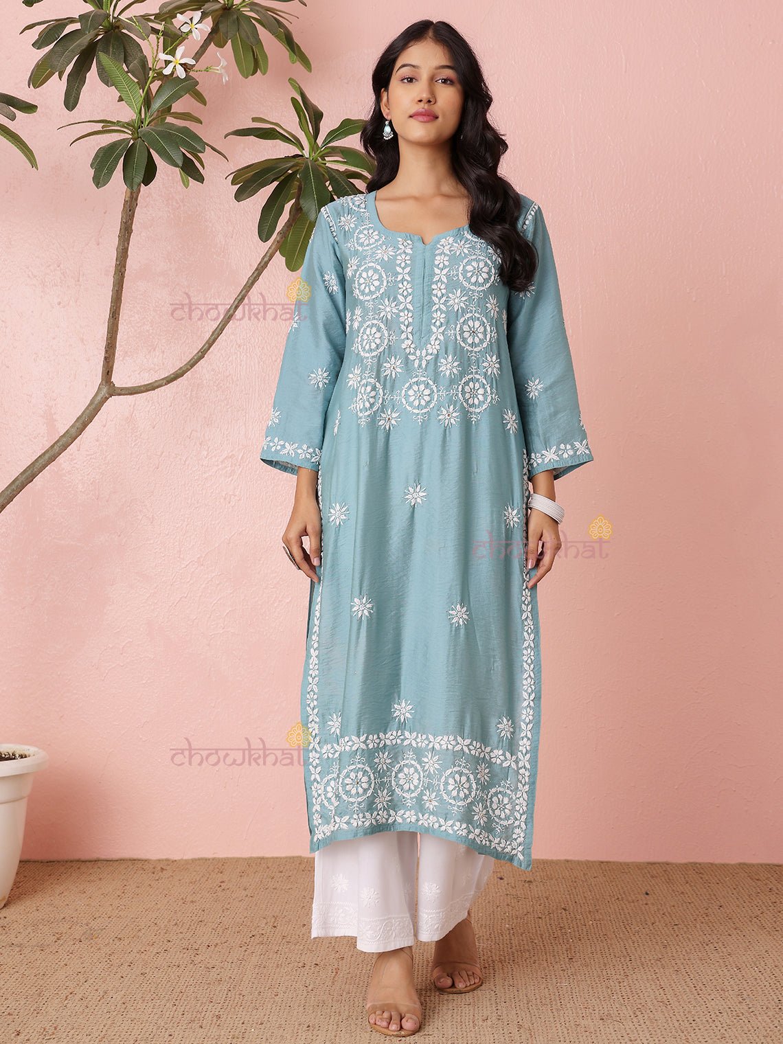 Laya Straight Chanderi Chikankari Kurti with Mukaish Work - Chowkhat Lifestyle