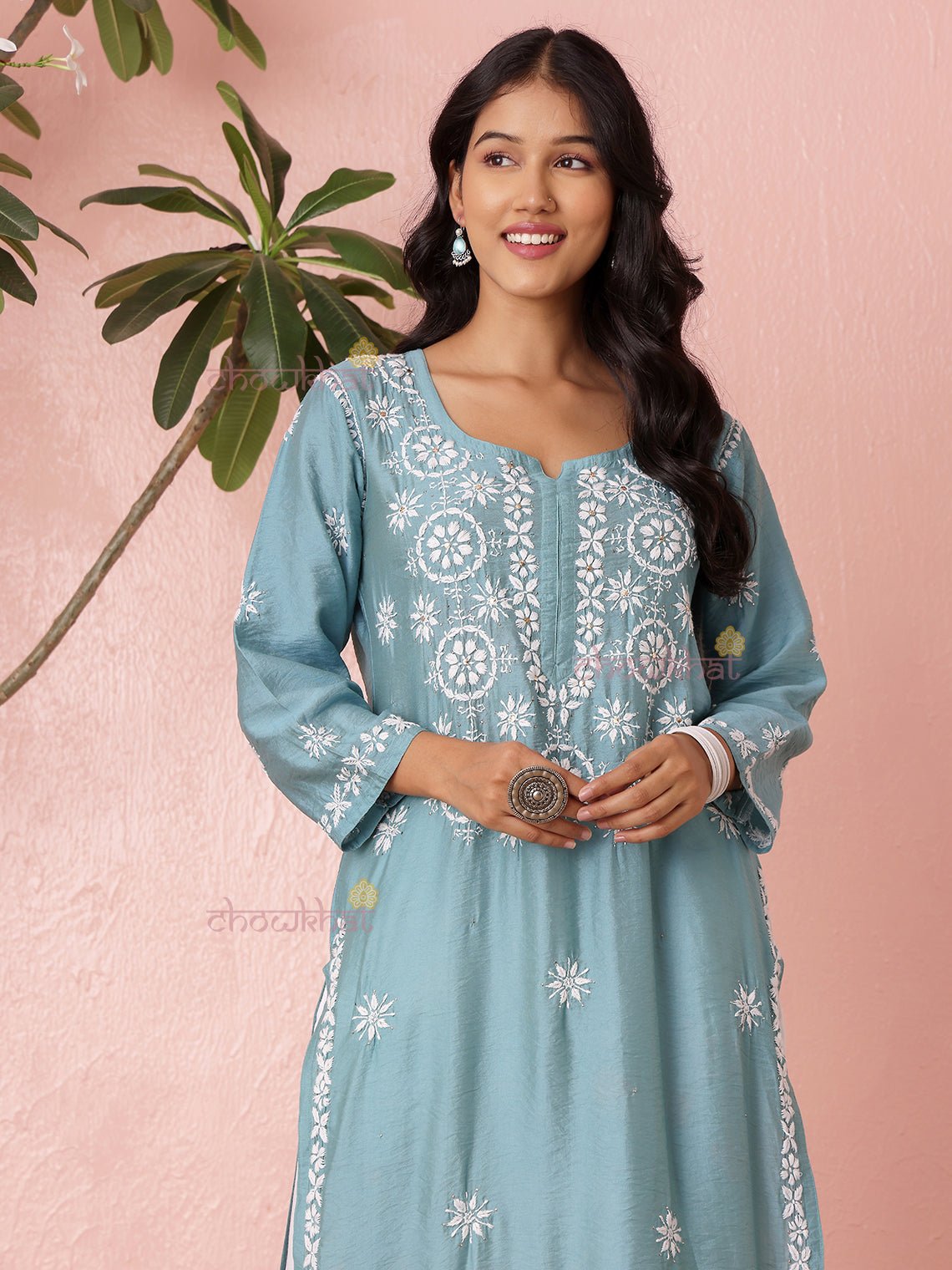 Laya Straight Chanderi Chikankari Kurti with Mukaish Work - Chowkhat Lifestyle