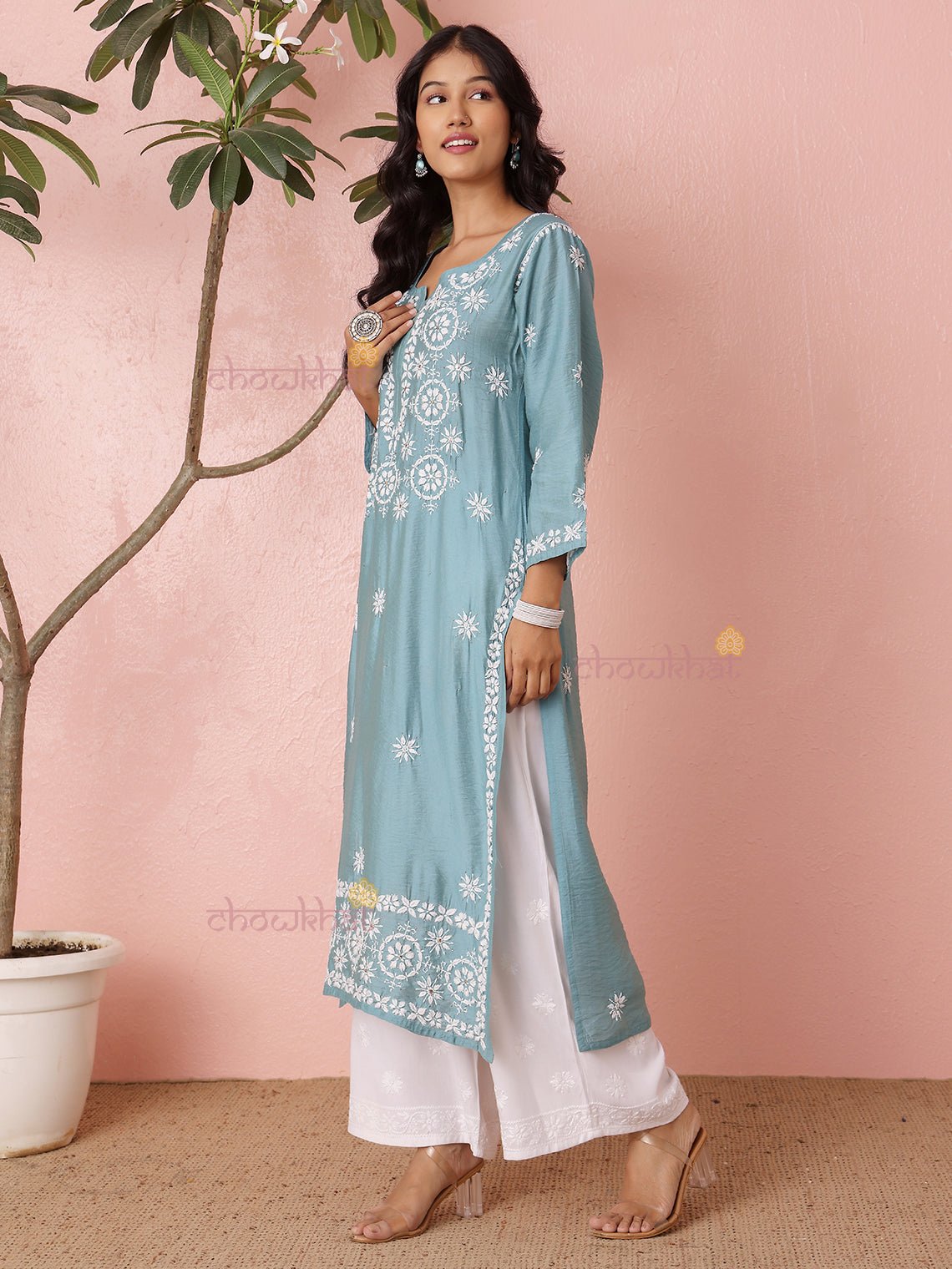 Laya Straight Chanderi Chikankari Kurti with Mukaish Work - Chowkhat Lifestyle