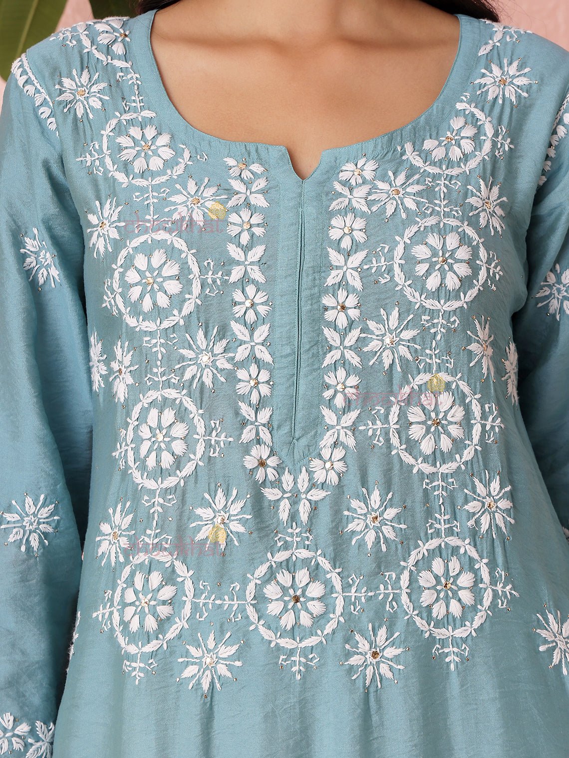 Laya Straight Chanderi Chikankari Kurti with Mukaish Work - Chowkhat Lifestyle