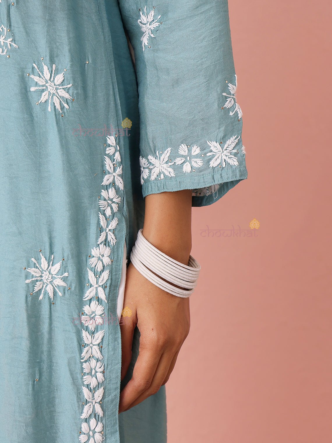 Laya Straight Chanderi Chikankari Kurti with Mukaish Work - Chowkhat Lifestyle