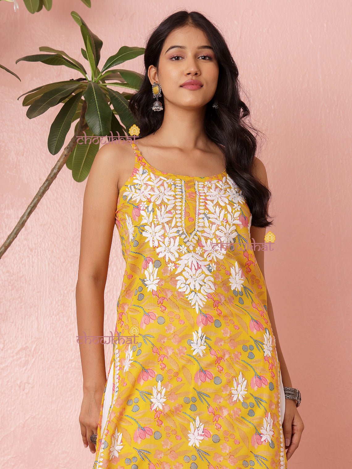 Yashika Straight Long Mul Cotton Chikankari Kurti - Chowkhat Lifestyle