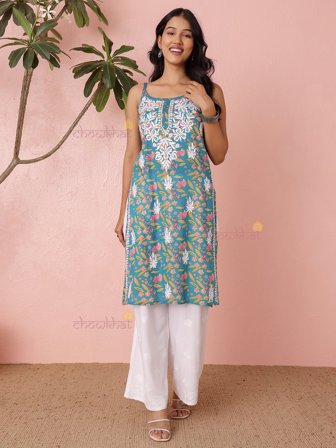 Yashika Straight Long Mul Cotton Chikankari Kurti - Chowkhat Lifestyle
