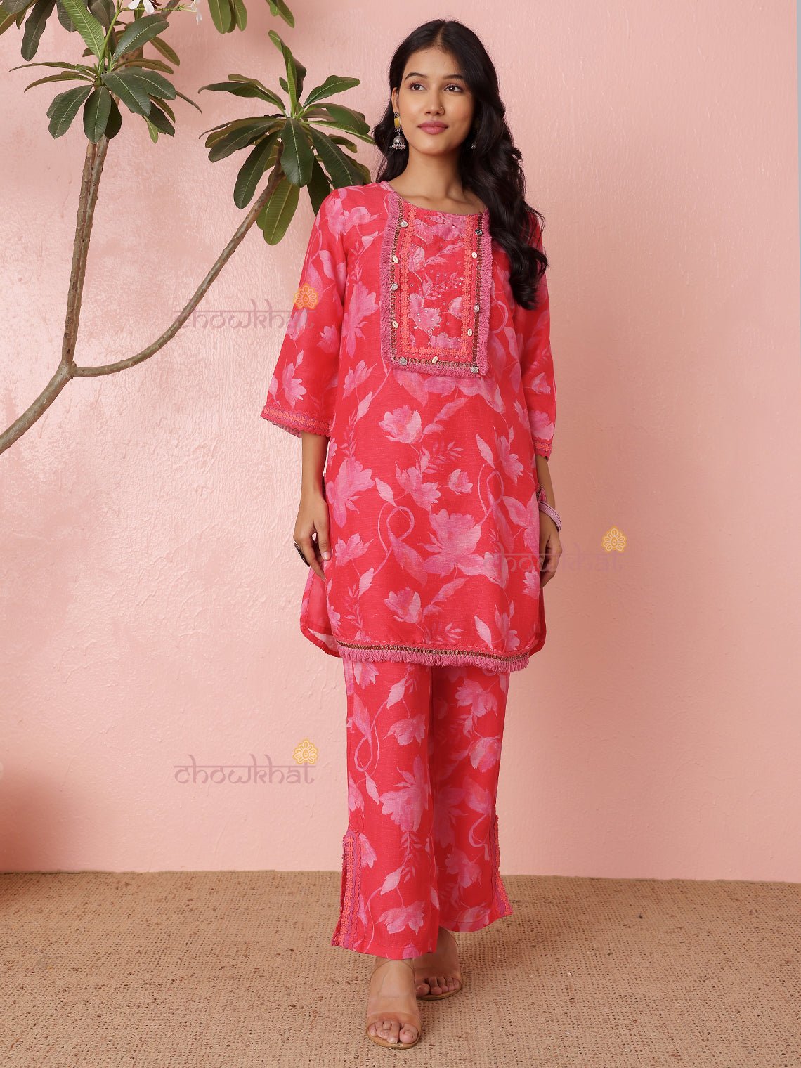 Iram Linen Silk Co - ord Set With Handwork & Lace Detaling - Chowkhat Lifestyle